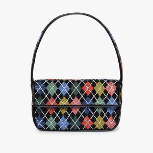 Sac à bandoulière noir perlé de haute qualité, motif diamant coloré, sac à main tendance pour femme, fait main avec perles de rocaille, pour usage quotidien et soirées - Product Image 1