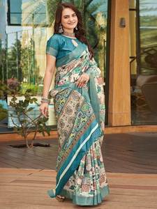 Hermosos Saris de Seda para Mujer con Pallu Estampado para Fiestas - Product Image 5