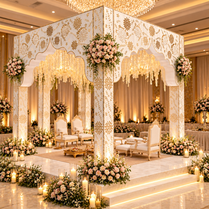 Pavillon de mariage/Mandap Destination Fusion pour Dallas, élégant pavillon de mariage blanc en MDF avec décor floral et lustres, États-Unis - Product Image 2