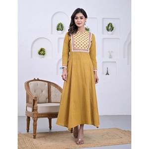 Vestido Anarkali Amarillo de Algodón con Estampado de Bloques, Estilo Pakistaní, Ropa Étnica India con Salwar Kameez - Product Image 1