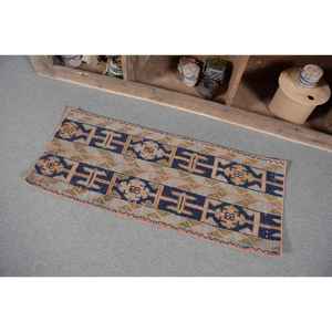 Vintage Turkish Rug Classic Blue Orange 1.6x3.8ft Handmade Wool Puzzle Patchwork Design for Entryway Rectangular Hallway Latex - Product Image 3