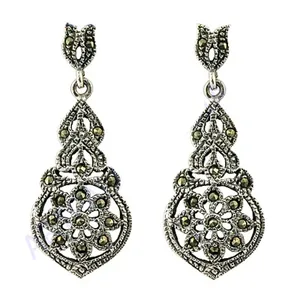 Boucles d'oreilles pendantes Art Palace Vintage en argent 925 avec incrustation de marcassite, motif floral, pour femmes, à porter au quotidien, du Rajasthan - Product Image 2