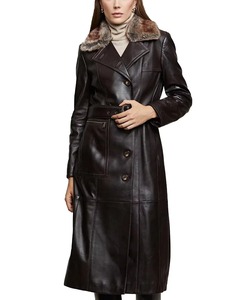 Women's Fashion Genuine Lambskin Leather Trench Coat <b>Fox</b> <b>Fur</b> Collar Button Long Length Breathable Eco-Friendly Silk Lining - Product Image 4