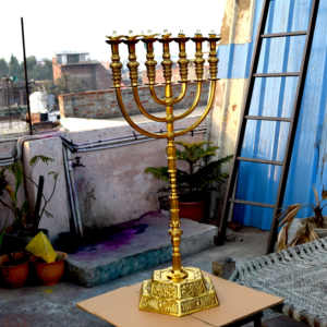 Handmade Israeli Jerusalem Menorah Seven Branch Star <b>Gold</b>-plated Custom Polished Candlestick Holder Hanukkah Menorah <b>Candle</b> - Product Image 6