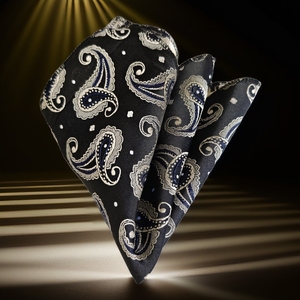 Elegant Pocket <b>Square</b> with Ivory Blue Paisley Pattern on Black - Product Image 2