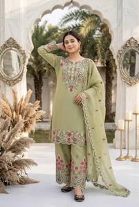 Designer Embroidery Sequence Work And Cut Work Roman <b>Silk</b> Top With Plazzo Bottom And Dupatta Fully Stitched Ready To Wear Set - Product Image 2