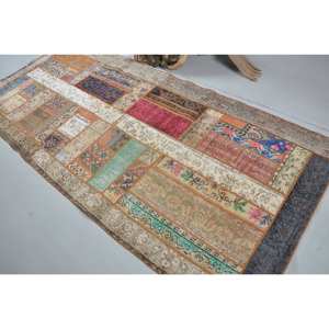 Alfombra turca vintage ecléctica de 4,3x9,4 pies, lana de área grande Beige con patrón de pasillo de retazos abstractos, respaldo de látex para habitaciones - Product Image 4