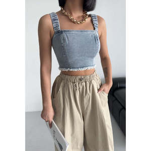 Top Corto de Mezclilla con Cierre y Tirantes, Estilo Bustier a la Moda - Product Image 6