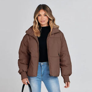 Blouson d'hiver matelassé marron pour femme, veste bomber chaude à bouton unique, manteau en denim épais, capuche, style confortable, décontracté, court, pour le froid - Product Image 1