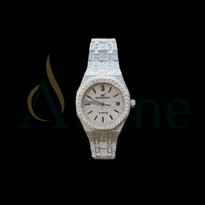Montre de luxe en acier inoxydable avec diamants en moissanite, entièrement sertie, accent rose, affichage de l'heure et de la date, mécanique haut de gamme - Product Image 1