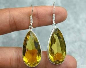 Vente en gros de boucles d'oreilles pendantes en argent sterling 925, vintage, citrine naturelle, pierre hydro, forme poire, 8 à 11 mm, certifiées IGI - Product Image 6