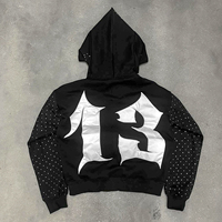 Sweat à capuche zippé surdimensionné en molleton pour homme, avec épaules tombantes, patchs usés, broderies et strass, 80% coton 20% polaire