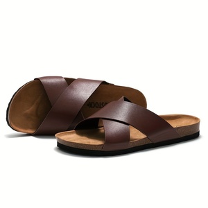 Custom Logo Men's Crossed Strap Cork <strong>Slides</strong> With PU Leather Uppers Open Toe Slip on <strong>Comfy</strong> Summer Beach <strong>Slides</strong> Slippers - Product Image 2