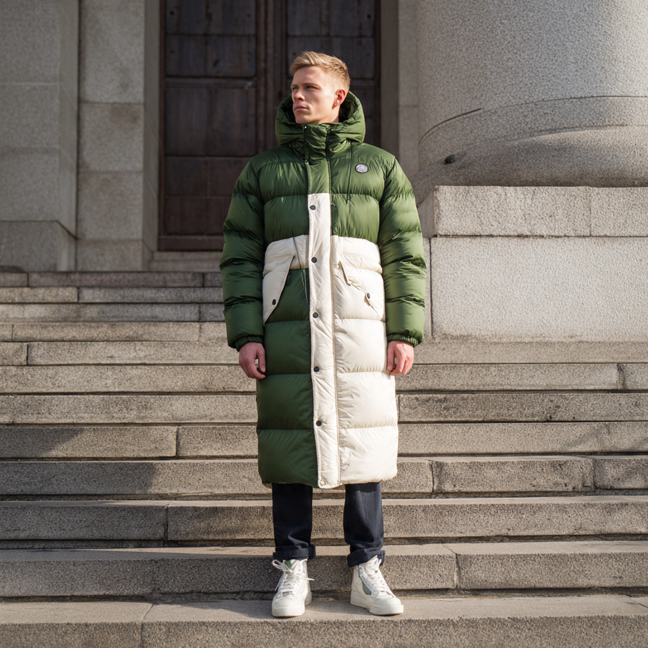 Power Punch Bubble Puffer Hooded Long Coat Jacket for Men Winter Warmth Windproof