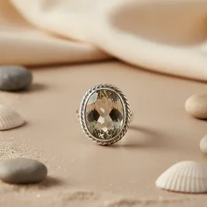 Anillo de Cuarzo Ahumado y Topacio Estilo Boho Hecho a Mano - Joyería Fina con Baño de Rodio - Product Image 1