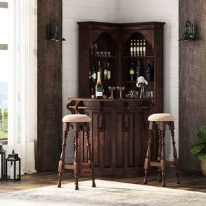 Conjunto de Muebles de Bar Esquineros de Madera de Teca Rústica Sólida, Taburetes de Bar Tapizados Duraderos y Ecológicos, Interiores de Lujo Hechos a Mano - Product Image 2
