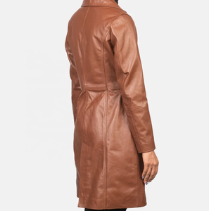Manteau long en cuir véritable marron pour femme avec ceinture, col rabattu décontracté, style automne-hiver - Product Image 2
