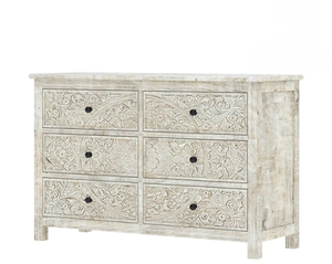 Aparador moderno hecho a mano de 6 cajones, madera maciza de teca encalada tallada, cajones de pecho, rústico, bohemio, comedor, sala de estar - Product Image 5