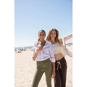 <b>Women's</b> Dark Brown Linen Casual <b>Trousers</b> with Custom Oceanside Drawstring Smocked Waist <b>Lounge</b> Beach Pockets Lace Decoration - Product Image 4