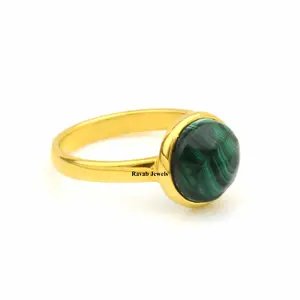 RJR0259 Natural Green Malachite Trending Ring Bulk Supplier Round 10mm Round 925 Sterling Silver Gold Plated Bezel Women Ring