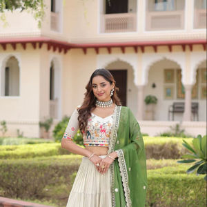 Cosmos <b>Silk</b> Off White Embroidered <b>Silk</b> Lehenga Choli Multi <b>Thread</b> Embroidery Zari Coding Sequence Work Blouse Tabby <b>Silk</b> Dupatta - Product Image 1