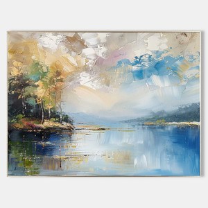 Peinture murale abstraite sur toile bleue et dorée, peinture à l'huile sur toile peinte à la main, art contemporain pour décoration intérieure, sans cadre - Product Image 6