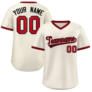 Camiseta de béisbol color marfil para hombre, nombre y número del equipo personalizados, ribete rojo, cuello en V, manga corta, uniforme deportivo de poliéster transpirable - Product Image 1
