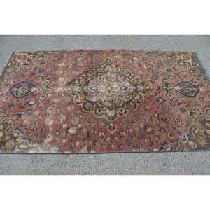 พรมขนสัตว์สีน้ำตาลสีชมพูแบบดั้งเดิมดั้งเดิมขนาด4.6x7.9ฟุตวินเทจแบบตุรกีการเย็บปะติดปะต่อกันทรงสี่เหลี่ยมผืนผ้าดีไซน์ห้องนั่งเล่นพรมลาเท็กซ์สำรองใหม่ - Product Image 3