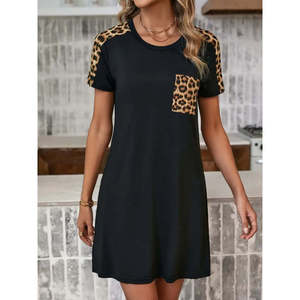 Robe en viscose à manches courtes et col rond pour femme avec poches et détails imprimés léopard, 35812 - Noir - Product Image 5