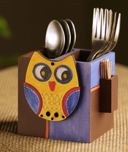 Owl Motif Cutlery & <b>Toothpick</b> <b>Holder</b> In Wood 3 Partitions Wooden Utensil Caddy Countertop Cutlery <b>Holder</b> - Product Image 2