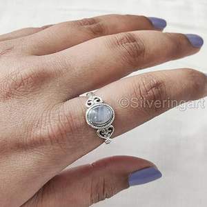 Anillo de Mujer con Piedra de Ágata Azul Natural, Anillo Bohemio Pequeño para Boda, Joyería Hecha a Mano de Plata de Ley 925 para Navidad - Product Image 4