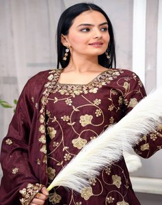New Designer Heavy Pure Chinon Silk Long Pakistani Suit for Parties Featuring Fancy Style <b>Top</b> Sharara and Dupptta - Product Image 3