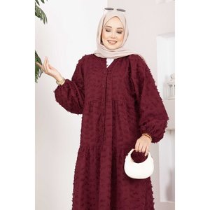 Vestido holgado tejido con cuello en V, textura bordeaux, botones y capas, con aberturas, elegante, modesto, transpirable, cintura caída, talla única, ideal para club. - Product Image 2