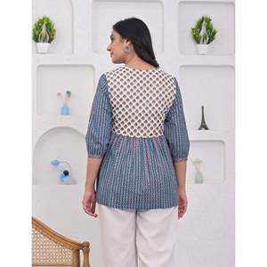 เสื้อเชิ้ตผ้าฝ้ายทอลายพิมพ์ลายสีกรมท่า ความยาวสั้น ตกแต่งด้วยกระดุม - Product Image 5