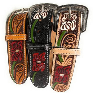 Beautiful Multicolor Hand Engraved Floral Design Genuine <b>Leather</b> Western <b>Leather</b> <b>Tooling</b> <b>Belt</b> Bulk Order Accepted Made in India - Product Image 1
