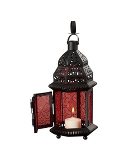 Black Finished Mini Moroccan <b>Candle</b> Lantern with <b>Red</b> Embossed Glass - Product Image 1