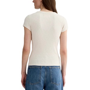 Nouveau T-shirt décontracté pour femme, col rond, coupe ajustée, manches courtes, en maille côtelée 100% coton respirant, teint uni, confortable, collection été - Product Image 2