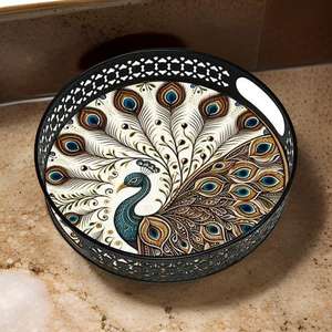 Bandeja Pichwai de vaca de diseñador, bandeja de servicio de hierro recubierta de esmalte cortado con láser, bandejas florales de bajo precio, decoración, regalo de boda, promoción - Product Image 5