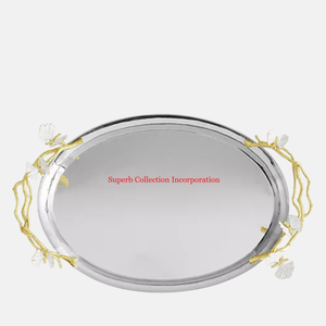 Plateau vintage en acier inoxydable plaqué or poignée de grenade pour servir des plats de présentation de desserts assiettes fournisseurs en gros - Product Image 3