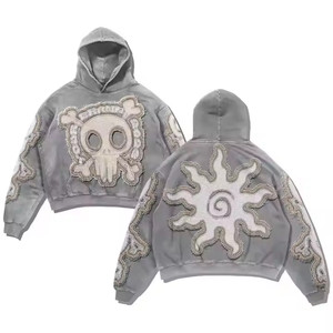 Top Selling Winter Acid <b>Wash</b> Men's Hoodies Oversized Heavy Polyester/Cotton Retro Distressed Patch Embroidery Fleece - Product Image 3