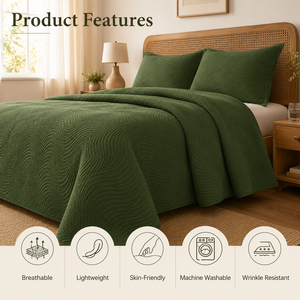 Juego de Edredón OEM Verde Oliva Oscuro, 3 Piezas, Colcha Acolchada Ultrasónica con 2 Fundas de Almohada, Ropa de Cama Ligera - Product Image 5