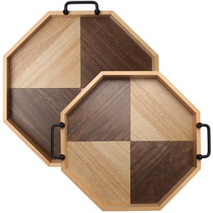 Accesorios de cocina de calidad estándar Juego de 2 bandejas hexagonales de madera con mango de metal para servir disponibles a un precio asequible - Product Image 1