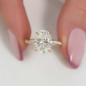 8x10mm Oval Cut Diamond Engagement <b>Ring</b> | <b>Solitaire</b> Pave Band 18K Gold Plated Sterling <b>Silver</b> | Minimalist Bridal Wedding - Product Image 1