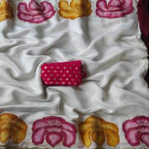 VASTRA COTTAGE Pure Soft Crush Hand Painted Saree Contrast Buttas Panel Both Sides Zari Work and Contrast Brocade <b>Blouse</b> - Product Image 6