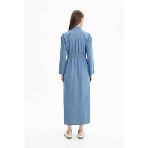 Women's Long Indigo <b>Denim</b> Trench <b>Coat</b> with Elastic Waist and Double Breasted Closure - Product Image 3