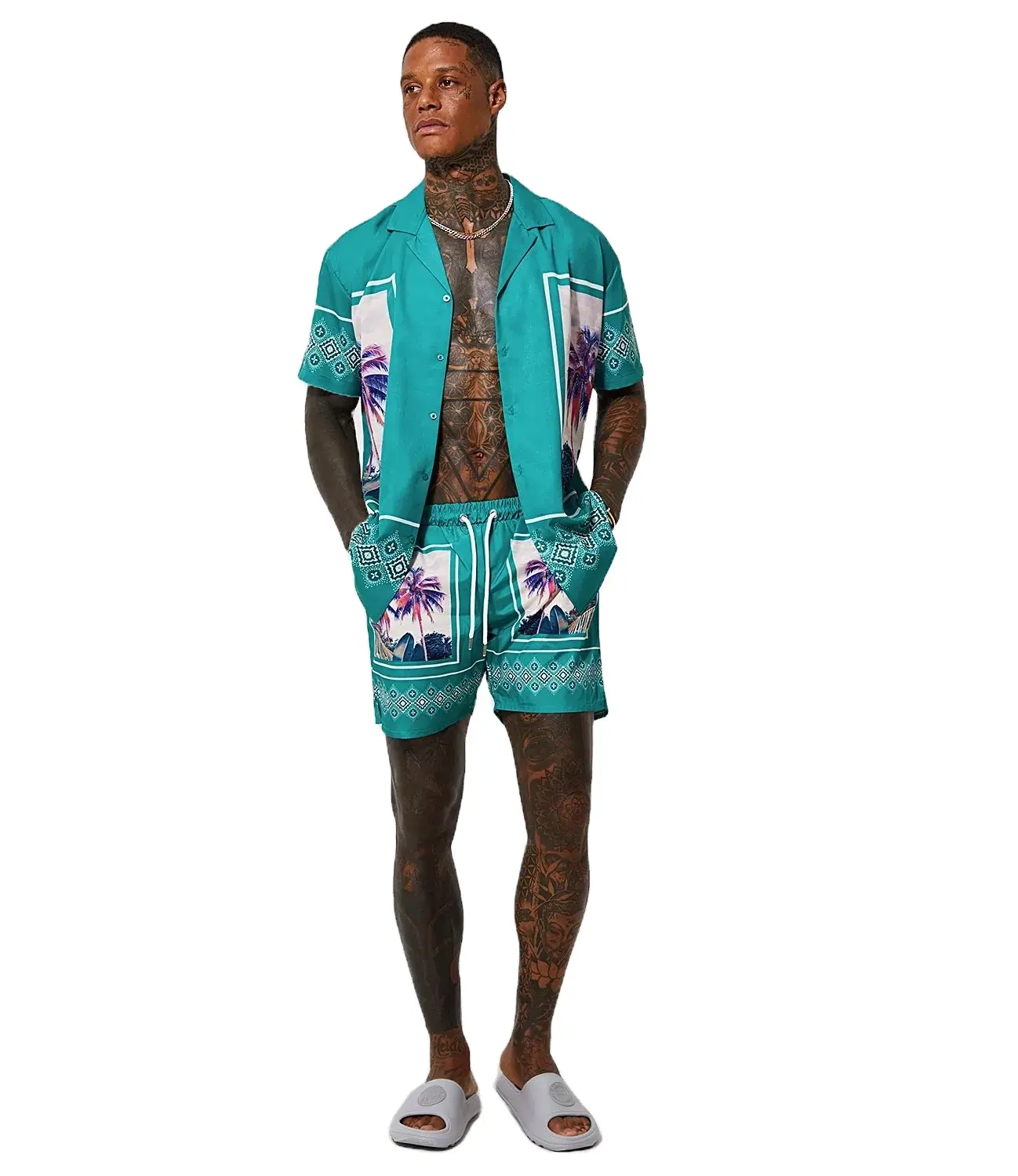 Özel yeni tasarım rahat düğme aşağı Tshirt şort setleri erkek hızlı kuru şort & T shirt setleri erkek Hawaiian şort setleri