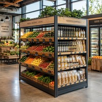 Étagères de supermarché double face en acier et bois, présentoirs et vitrines pour marchandises diverses, design commercial pour toute la surface du magasin