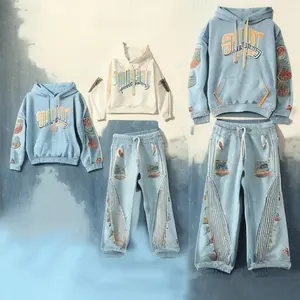ชุดเซ็ตเสื้อฮู้ดดี้และกางเกงวอร์มสไตล์สตรีทแวร์ยูนิเซ็กซ์ ลุควินเทจฟอกสีซีดแบบซันเฟด แต่งลายปักแบบดิสเทรส ชุดสองชิ้น - Product Image 1