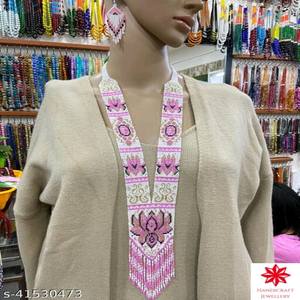 Designer <b>Pink</b> Color Beaded <b>Necklaces</b> With Lotus Pattern Design <b>Necklaces</b> for Wedding Party, Hldi, Mehnedi Wear <b>Necklaces</b> - Product Image 3