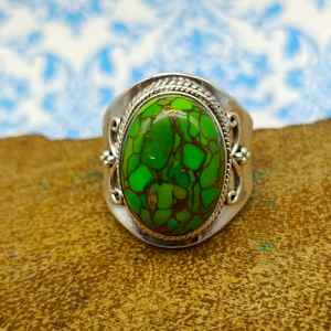 925 Sterling <b>Silver</b> Fine Quality Oval Shape Green Copper Turquoise Gemstone <b>Ring</b> All Sizes <b>for</b> Women <b>Men</b> with Diamond Main Stone - Product Image 1